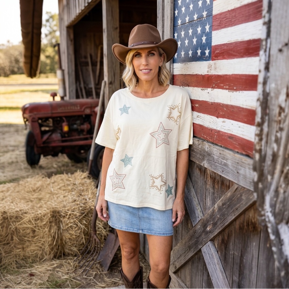 PEACH LOVE CALIFORNIA Ivory patriotic French terry oversized top S M L